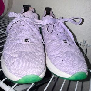 Lavender Knit Slip-On Sneakers with Green Heel Accent CHANEL